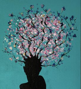 Black silhouette of a woman with branches and pink-purple flowers growing from her head on a turquoise-blue background