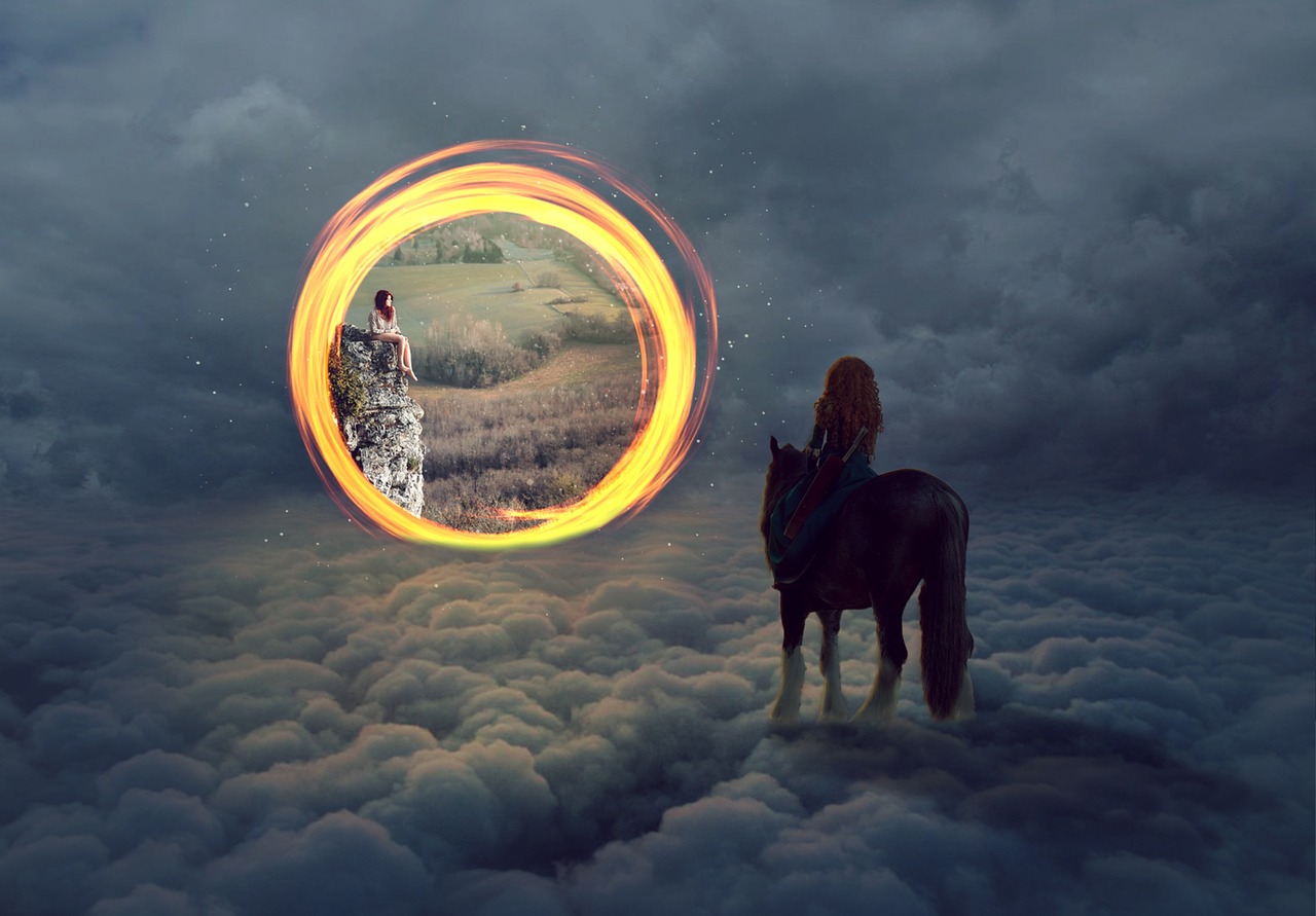 sky, nature, horse, girl, portal, photoshop, fantasy, redhead, woman, blue fantasy