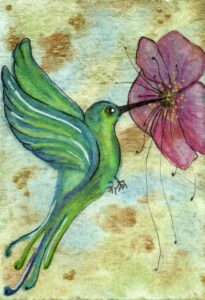 Watercolor illustration of a hummingbird drinking from a pink hibiscus flower on a vibrant golden background from the Spirit Animal Feminine Archetypes series