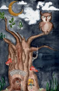 Watercolor illustration of a cozy treehouse with warm light inside, an owl guardian above, mushrooms below, and smoke rising into a dark night sky