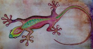 Vibrant watercolor illustration of a gecko with mosaic textures and gold ink details on pastel blue background