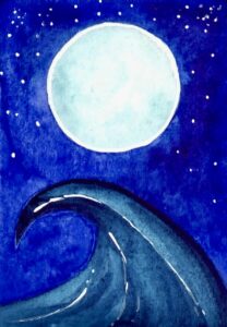 Watercolor illustration of a deep blue night sky with a full moon and ocean wave from the Divine Feminine series