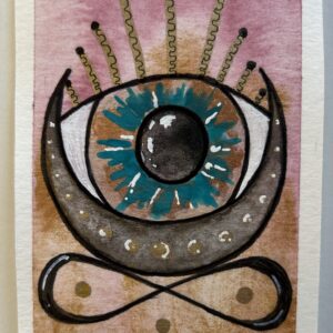 Wide opened eye with crescent moon and infinity symbol.