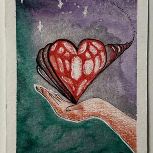 Original miniature painting “The Healer” by Nia Dannai, hand holding expanding heart symbol, watercolor and mixed media, Divine Feminine Energy series