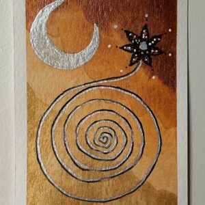 Original miniature painting “The Creator” by Nia Dannai, silver crescent moon and spiral flower on terracotta background, mixed media, Divine Feminine Energy series