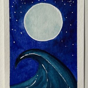 Original miniature painting “The Full Moon Empress” by Nia Dannai, teal wave under ultramarine starry sky with large white silver full moon, watercolor and gel pen, Divine Feminine Energy series