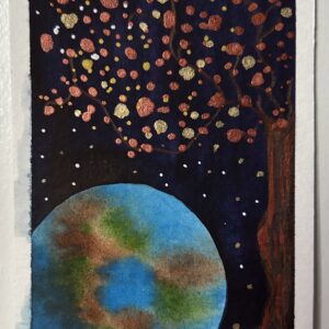 Original miniature painting “The Earth Guardian” by Nia Dannai, floating Earth in deep blue space with golden bronze tree of life, watercolor and gel pen, Divine Feminine Energy series