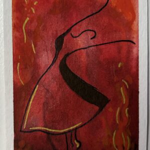 Original miniature painting “The Wild Woman” by Nia Dannai, dancing female silhouette on fiery red and golden background, Divine Feminine Energy series