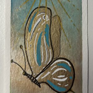 Original miniature painting “The Light Weaver” by Nia Dannai, golden blue butterfly under radiant sunbeams on soft baby blue background, Divine Feminine Energy series