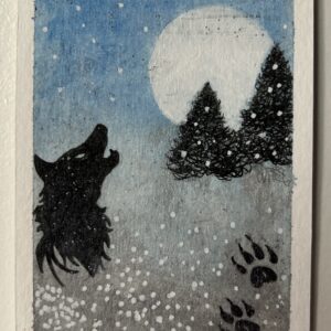 Original miniature painting “The Wolf Priestess” by Nia Dannai, wolf head howling at full moon in snowy winter landscape with paw prints and evergreen trees, mixed media