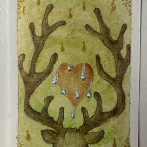 Original miniature painting “The Deer Maiden” by Nia Dannai, deer head with antlers, red heart with silver droplets on golden green spiral background, mixed media