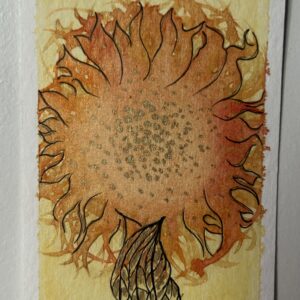 Original miniature painting “The Hawk Visionary” by Nia Dannai, golden sun with three feathers suspended beneath, mixed media