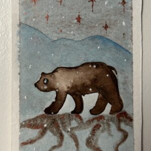 Original miniature painting “The Bear Mother” by Nia Dannai, bear in snowy mountains with bronze metallic stars and grounding roots, mixed media