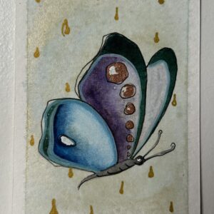 Original miniature painting “The Butterfly Oracle” by Nia Dannai, translucent violet blue butterfly with golden accents on blue and gold background, mixed media