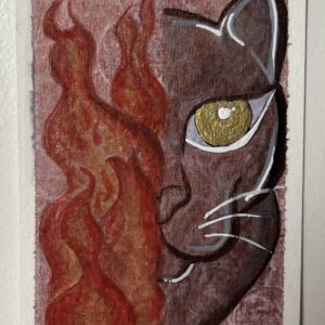 Original miniature painting “The Black Panther Muse” by Nia Dannai, half panther face merging with flames, hypnotic golden eye, mixed media