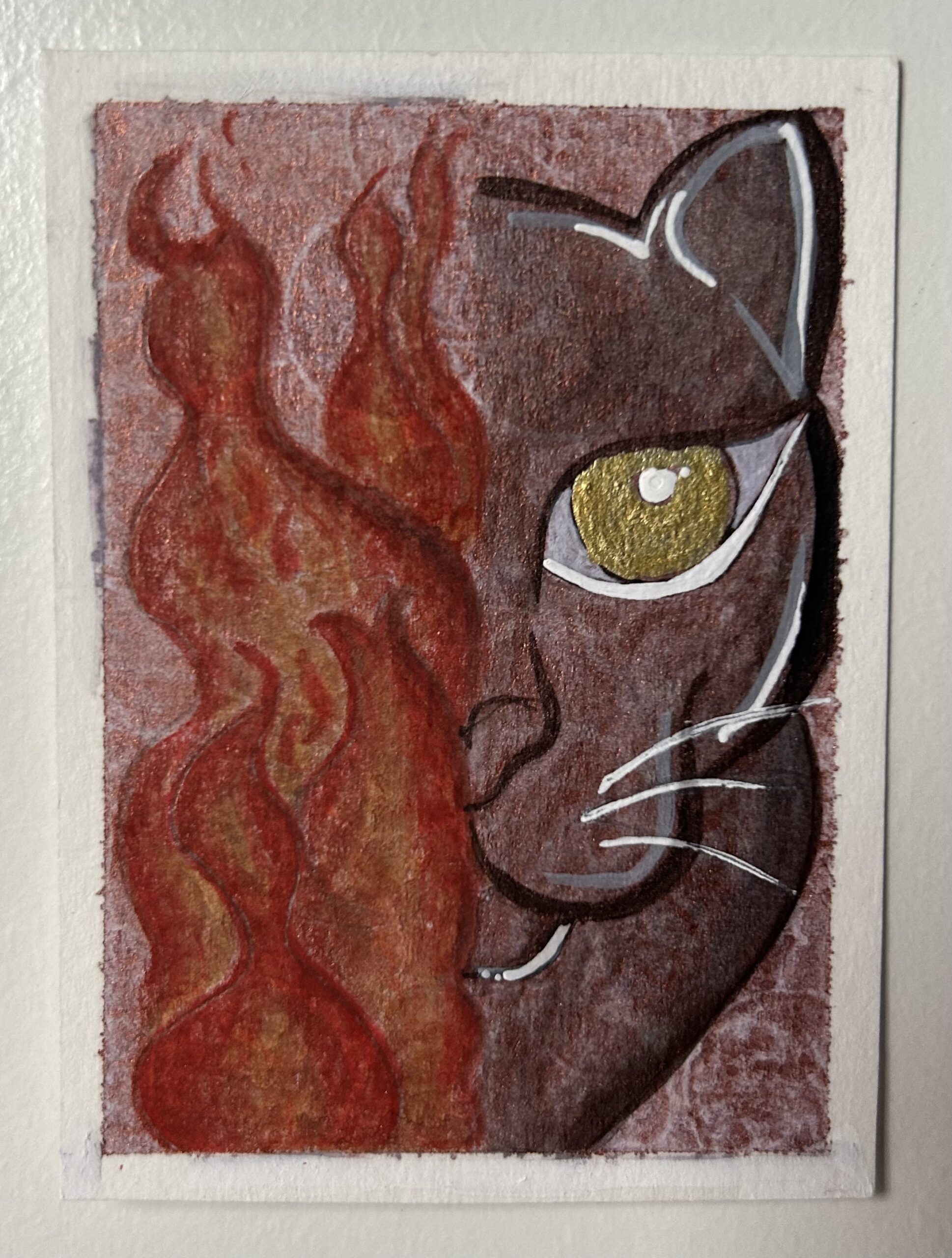 Original miniature painting “The Black Panther Muse” by Nia Dannai, half panther face merging with flames, hypnotic golden eye, mixed media